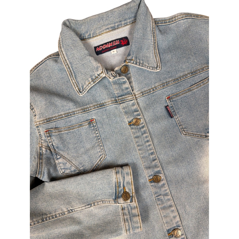 AODANLU Classic Jeans Denim Jacket Light Wash Distressed Buttons Size XL
